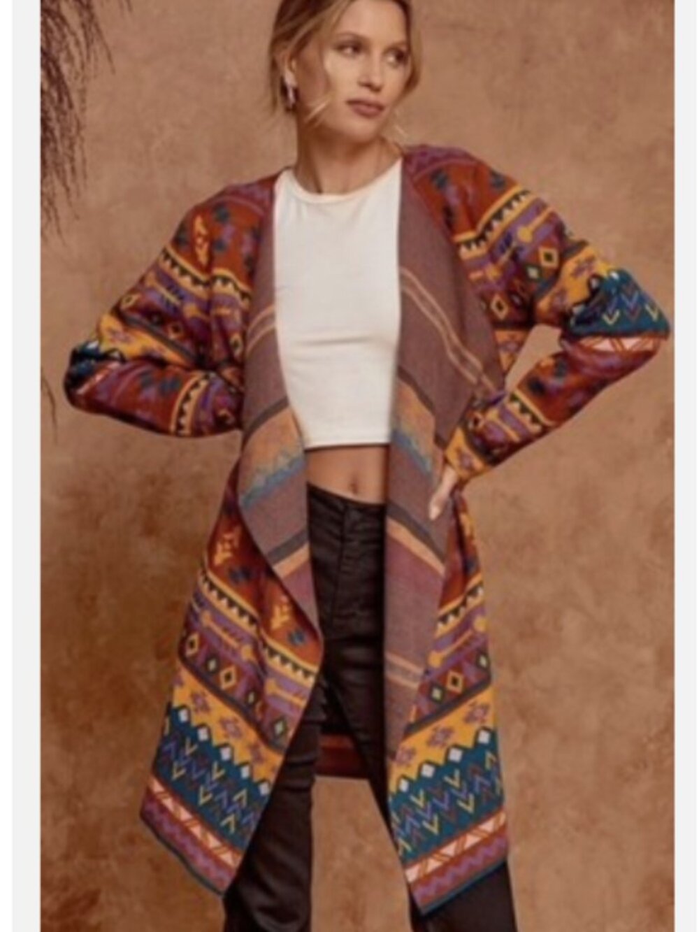 Savanna Jane The Bella Tarwin Aztec Long Open Cardigan Earthy Boho Fall Small